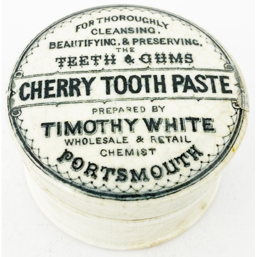 104 - PORTSMOUTH TOOTH PASTE POT LID. (APL pg 175, 47) 2.5ins diam. Black transfer CHERRY TOOTHPASTE/ TIMO... 