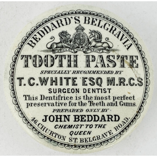 112 - BEDDARDS BELGRAVIA TOOTH PASTE POT LID. (APL pg 255, 36b) 3ins diam. Black transfer with scroll bord... 