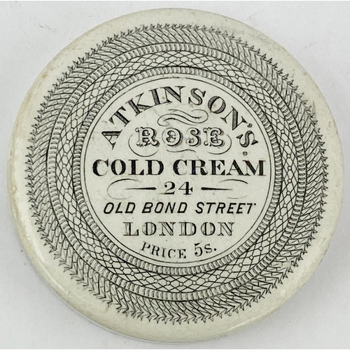 118 - LONDON COLD CREAM POT LID. (APL pg 247, 46l) 3.5ins diam. Black clean transfer. ATKINSON�S ROSE COLD... 