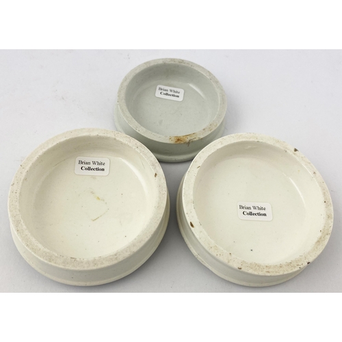 119 - COLD CREAM POT LID TRIO. Largest 2.5ins diam. Generally good clean lids - 2 side nibbles to one, dia... 