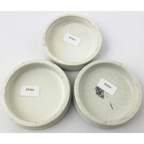 123 - WOODS TOOTHPASTE POT LID TRIO. . Largest 3.1ins diam. Three 1/- variants. Very good, no damages. (3)... 