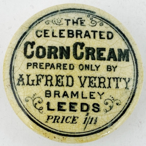 126 - LEEDS CORN CREAM POT LID. (APL pg 677, 134) 1.8ins diam. Black transfer ALFRED VERITY/ CORN CREAM/ B... 