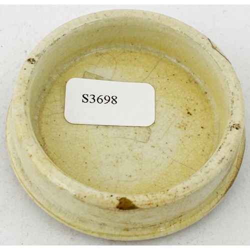 126 - LEEDS CORN CREAM POT LID. (APL pg 677, 134) 1.8ins diam. Black transfer ALFRED VERITY/ CORN CREAM/ B... 