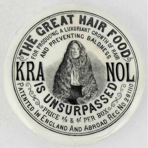 128 - KRANOL HAIR FOOD POT LID. (APL pg 692, 2) 3.7ins diam. Strong black transfer. An all time UK pict, f... 