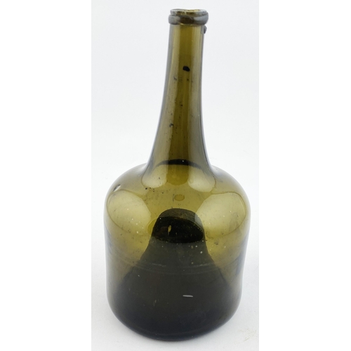 135 - ENGLISH LONG NECKED MALLET BOTTLE. 9.8ins tall. Mid green glass, long elegant neck with applied stri... 