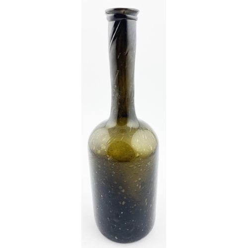 137 - LADIES LEG SPLIT SIZE WINE BOTTLE. 10.8ins tall. Very crude applied string rim (one flake), neck str... 