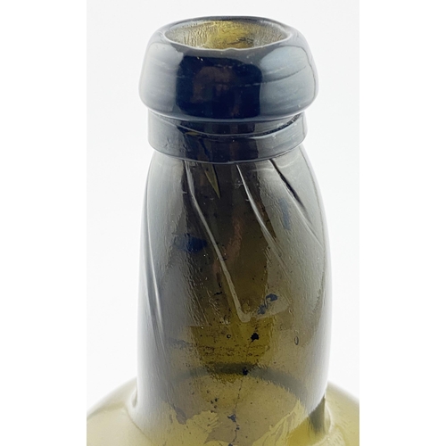 139 - ENGLISH STUMPY CYLINDER WINE BOTTLE FORM. 8.9ins tall. Dark green/ black glass, heavy & crude. Neck ... 