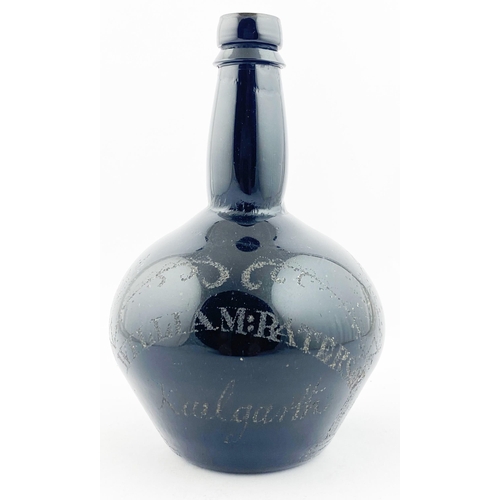 141 - ALLOA STIPPLE BOTTLE. 8ins tall, small size, black glass, base pontil. Hand 141. stippled to front W... 