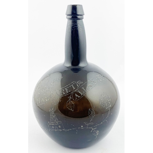 142 - ALLOA DATED 1837 STIPPLE BOTTLE. 9.8ins tall, black glass, base pontil. Ornately decorated to front ... 