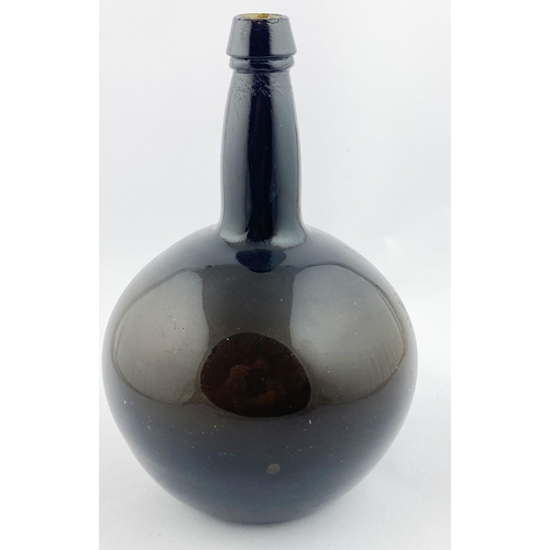 142 - ALLOA DATED 1837 STIPPLE BOTTLE. 9.8ins tall, black glass, base pontil. Ornately decorated to front ... 