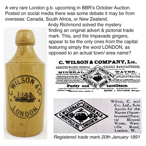 145 - LONDON G WILSON & CO GINGER BEER BOTTLE. 6.6ins tall, std, all tan. Andy Richmond found the pictoria... 