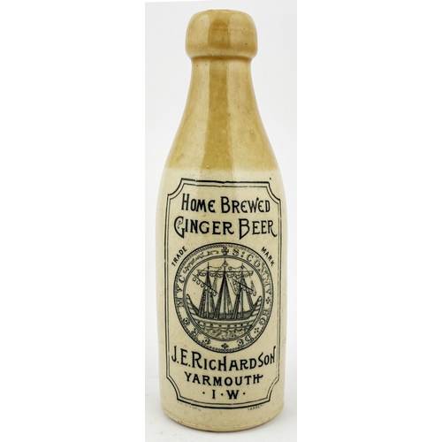 149 - YARMOUTH I W RICHARDSON GINGER BEER BOTTLE. 8ins tall, ch., t.t., blob lip. Full frontal transfer wi... 