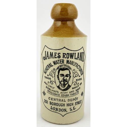 152 - LONDON JAMES ROWLAND GINGER BEER BOTTLE. 6.8ins tall. Classic London pict. of moustachioed gent with... 