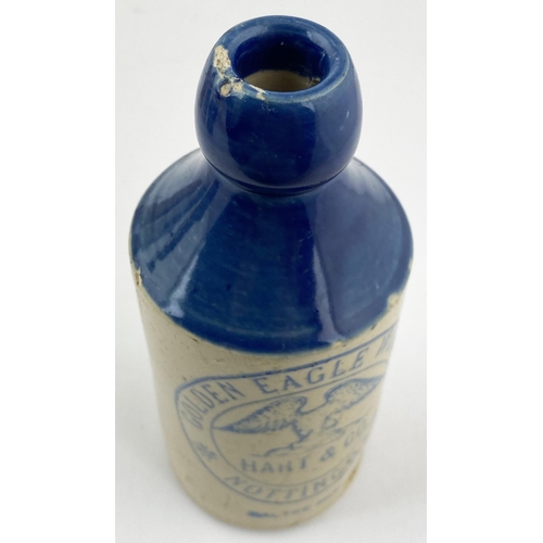 146 - NOTTINGHAM GOLDEN EAGLE GINGER BEER BOTTLE. 6.8ins tall, std., bright blue top, lower tan. Pict. spr... 