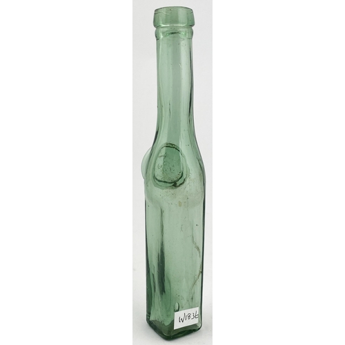 160 - MINIATURE SEALED ZARA BOTTLE . 6.5ins tall. Turquoise-aqua glass. Collared lip. Excellent impressed ... 