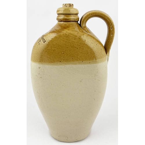 169 - DORSET SPIRIT FLASK. 10ins tall, t.t. tan top, lower off white. Flat sided flask, double collar lip,... 