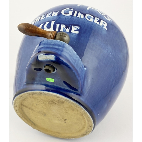 170 - SCHWEPPES GREEN GINGER WINE FLAGON. 11.75ins tall, dark & pale blue shiny glaze, twin handles, large... 