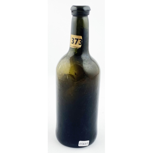 209 - ENGLISH SPLIT SIZE SEALED CYLINDER WINE BOTTLE. 8.7ins tall. Deep olive green/ black glass, rounded ... 