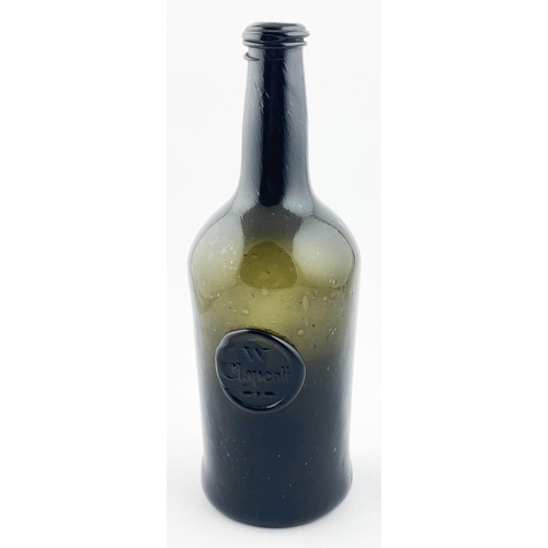 210 - ENGLISH SPLIT SIZE SEALED CYLINDER WINE BOTTLE. 10.8ins tall. Deep olive green/ black glass (lots of... 