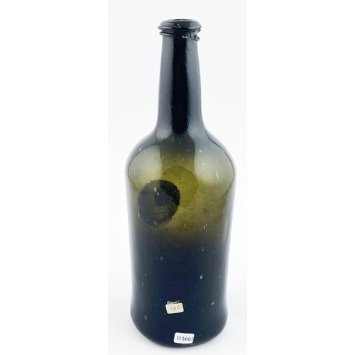 210 - ENGLISH SPLIT SIZE SEALED CYLINDER WINE BOTTLE. 10.8ins tall. Deep olive green/ black glass (lots of... 