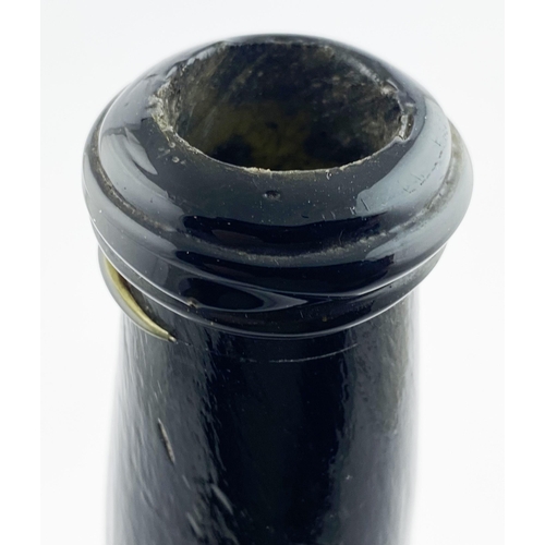 210 - ENGLISH SPLIT SIZE SEALED CYLINDER WINE BOTTLE. 10.8ins tall. Deep olive green/ black glass (lots of... 