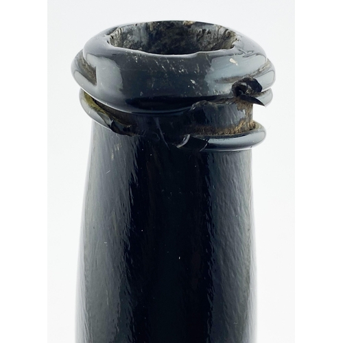 210 - ENGLISH SPLIT SIZE SEALED CYLINDER WINE BOTTLE. 10.8ins tall. Deep olive green/ black glass (lots of... 