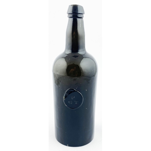 212 - ENGLISH SPLIT SIZE SEALED CYLINDER WINE BOTTLE. 10.4ins tall. Deep olive green/ black glass, rounded... 