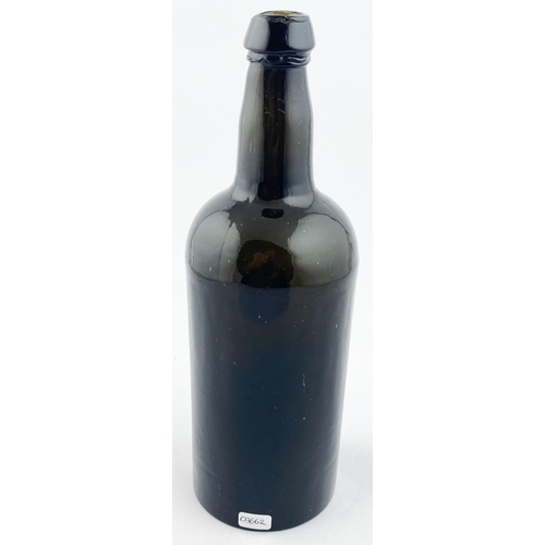 212 - ENGLISH SPLIT SIZE SEALED CYLINDER WINE BOTTLE. 10.4ins tall. Deep olive green/ black glass, rounded... 