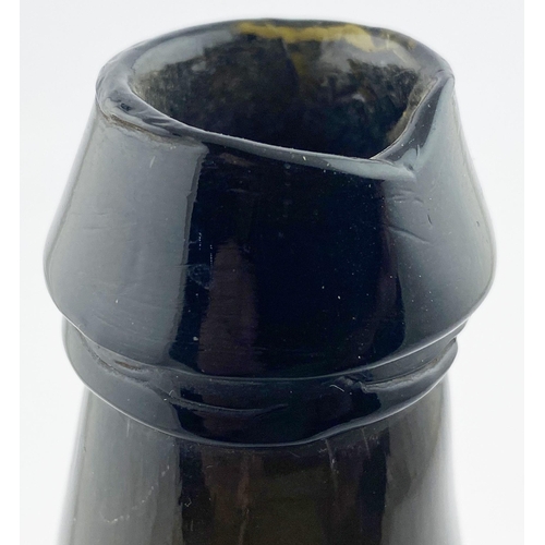 212 - ENGLISH SPLIT SIZE SEALED CYLINDER WINE BOTTLE. 10.4ins tall. Deep olive green/ black glass, rounded... 