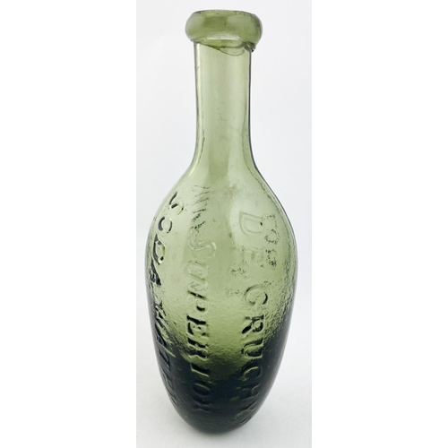 3 - LONDON SODA WATER HAMILTON. 7.5ins tall. Light olive green glass. Heavily embossed DE GRUCHY/ SUPERI... 