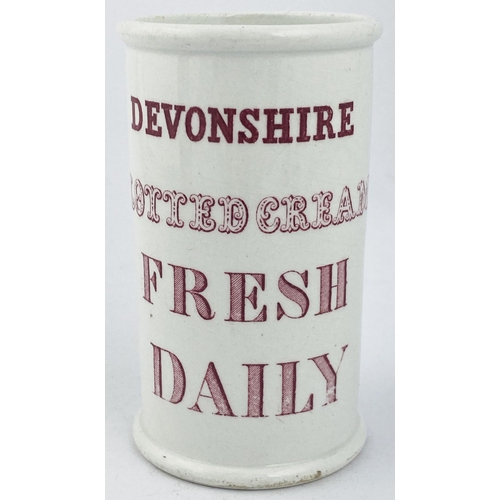 16 - DEVONSHIRE CLOTTED CREAM POT. 4.9ins tall, large cylinder. White body, strong bold red transfer. Lov... 