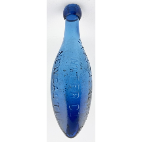 18 - NEWCASTLE COBALT BLUE GLASS HAMILTON. 9ins tall. Chunky blob lip, heavily embossed CRYSTAL AERATED/ ... 