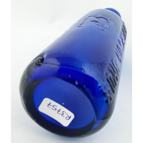 22 - NEWCASTLE BLUE CYLINDER BOTTLE. 6.5ins tall. Upright 6oz cobalt blue glass cylinder, blob top. Two e... 