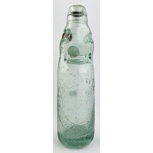 25 - WESTERN SUPER MARE VALVE PATENT CODD BOTTLE. 9ins tall. Aqua glass, heavily embossed. ROSS & COMPANY... 