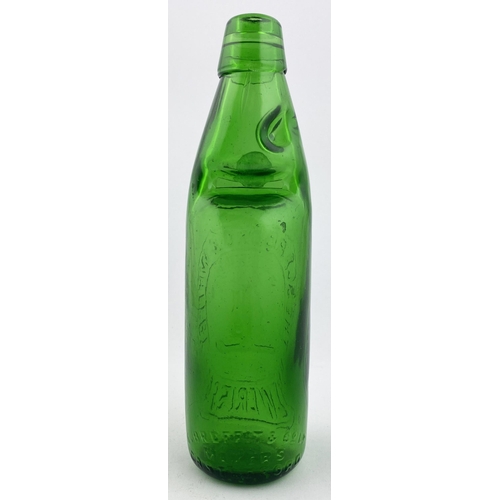 26 - SCARBORO & WHITBY BREWERIES CODD BOTTLE. 9ins tall. Green glass, heavily embossed. THE SCARBORO & WH... 