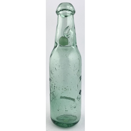 27 - LEICESTER CODDS PATENT 18 CODD BOTTLE. 9ins tall. Aqua glass, mushroom lip. Embossed S. CLEAVER/ CHE... 