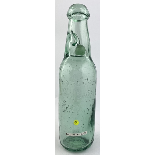 27 - LEICESTER CODDS PATENT 18 CODD BOTTLE. 9ins tall. Aqua glass, mushroom lip. Embossed S. CLEAVER/ CHE... 