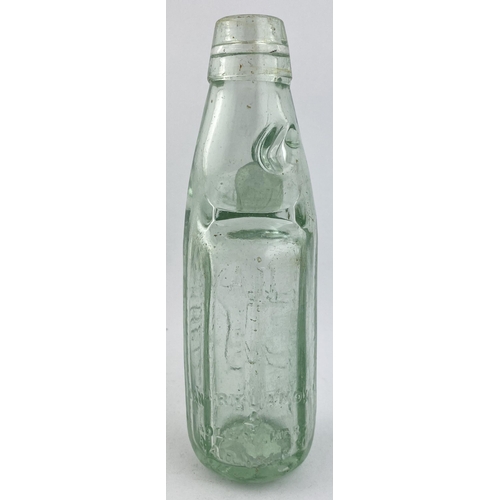 29 - MANSFIELD OCTAGONAL CODD BOTTLE. 7.25ins tall. Aqua glass, 6oz, 8 flat sides, heavily embossed H. J ... 