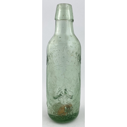 31 - GATESHEAD BULLET STOPPER BOTTLE. 8.25ins. Aqua glass, embossed J. KERSHAW & SONS. T.m. pict to centr... 