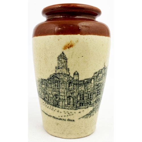 33 - BRADFORD SCOTS 1904 EXHIBITION CREAM POT . 3.9ins tall. Dark red brown top, curved lip. Front transf... 