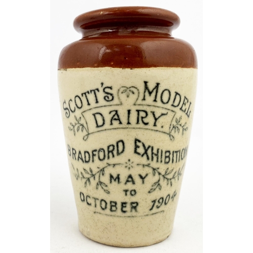 33 - BRADFORD SCOTS 1904 EXHIBITION CREAM POT . 3.9ins tall. Dark red brown top, curved lip. Front transf... 