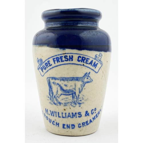 34 - H. WILLIAMS CREAM POT.3.9ins tall. Dark blue top, strong blue transfer, large cow pict. to centre. P... 