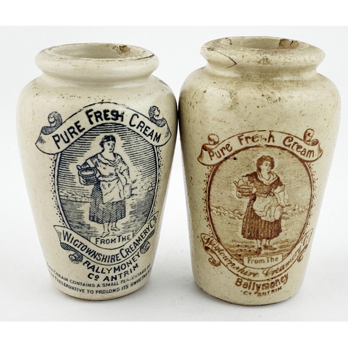 38 - WIGTOWNSHIRE CREAM POT. Tallest 4.6ins. Black & red-brown transfer. Both depict milkmaid with stool ... 