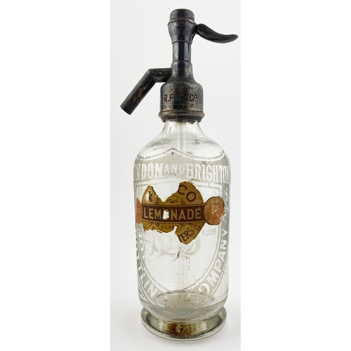 53 - LONDON & BRIGHTON SODA SYPHON. 10.2ins tall to the top of the trigger. Clear glass, etched FRY & CO ... 