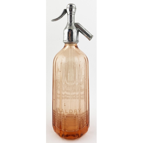 54 - CAMBRIDGE SODA SYPHON. 12.4ins tall to the top of the trigger. Bright salmon pink glass, vertically ... 