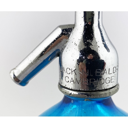 56 - CAMBRIDGE SODA SYPHON. 11.6ins tall to the top of the trigger. Blue glass, foot base. Etched THE SIG... 