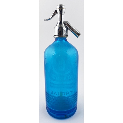 56 - CAMBRIDGE SODA SYPHON. 11.6ins tall to the top of the trigger. Blue glass, foot base. Etched THE SIG... 