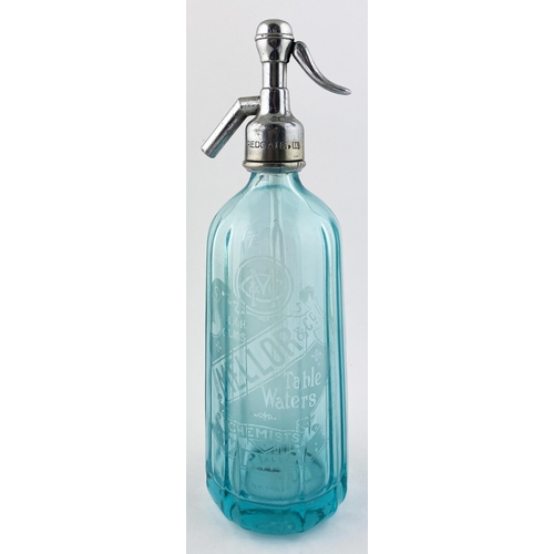 57 - WARWICK SODA SYPHON. 12.4ins tall to the top of the trigger. Aqua glass, vertically facetted. Etched... 