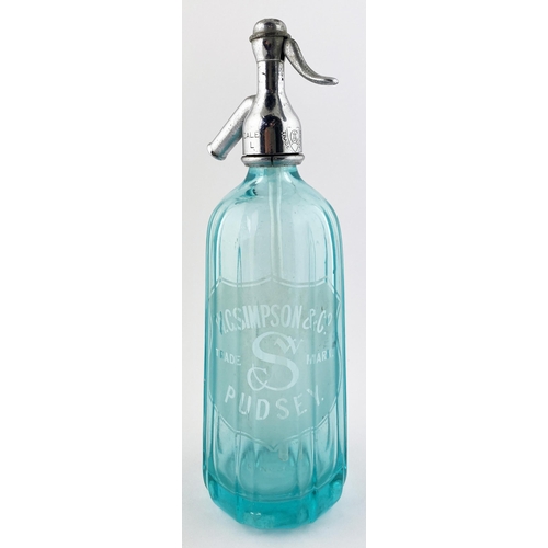 59 - PUDSEY SODA SYPHON. 12.2ins tall to the top of the trigger (impressed with trade mark). Aqua glass, ... 