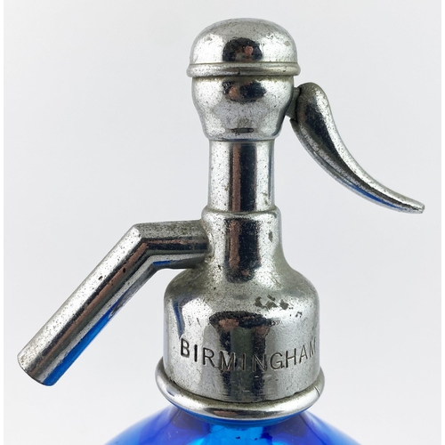 90 - SOUTHPORT SODA SYPHON. 12ins tall to the top of the trigger. Blue glass, foot bodied. Etched MERCHAN... 